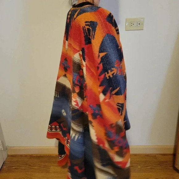Rhonda Stark Hopi Poncho Wool Blend Native American Blue Orange Red Blanket Wrap - Picture 4 of 7